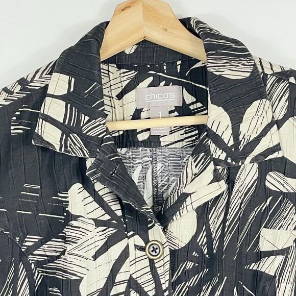 Chico's Brown Tan Tropical Leaves Crinkle Blazer Jacket Women's 1 Medium 8 - Picture 2 of 6